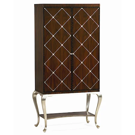 "Nice Legs" Highboy Bar Cabinet with Graphic Design Case Front, Rose Mirror Back and Vanity Light Interior